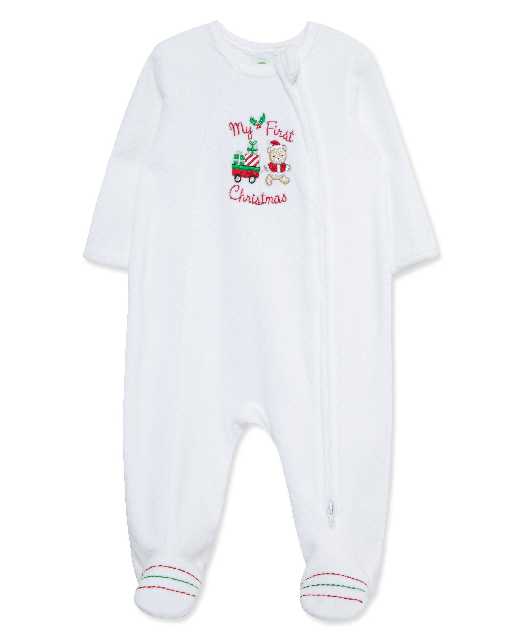 Holly Bear Christmas Velour 2-Way-Zip Footie - Little Me