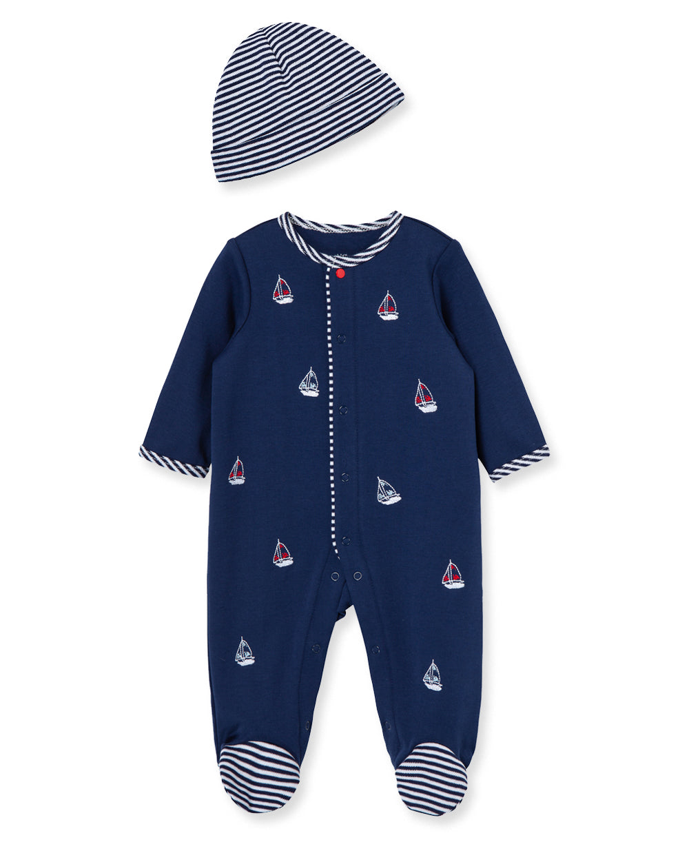 Sailboats Footed One-Piece And Hat - Little Me