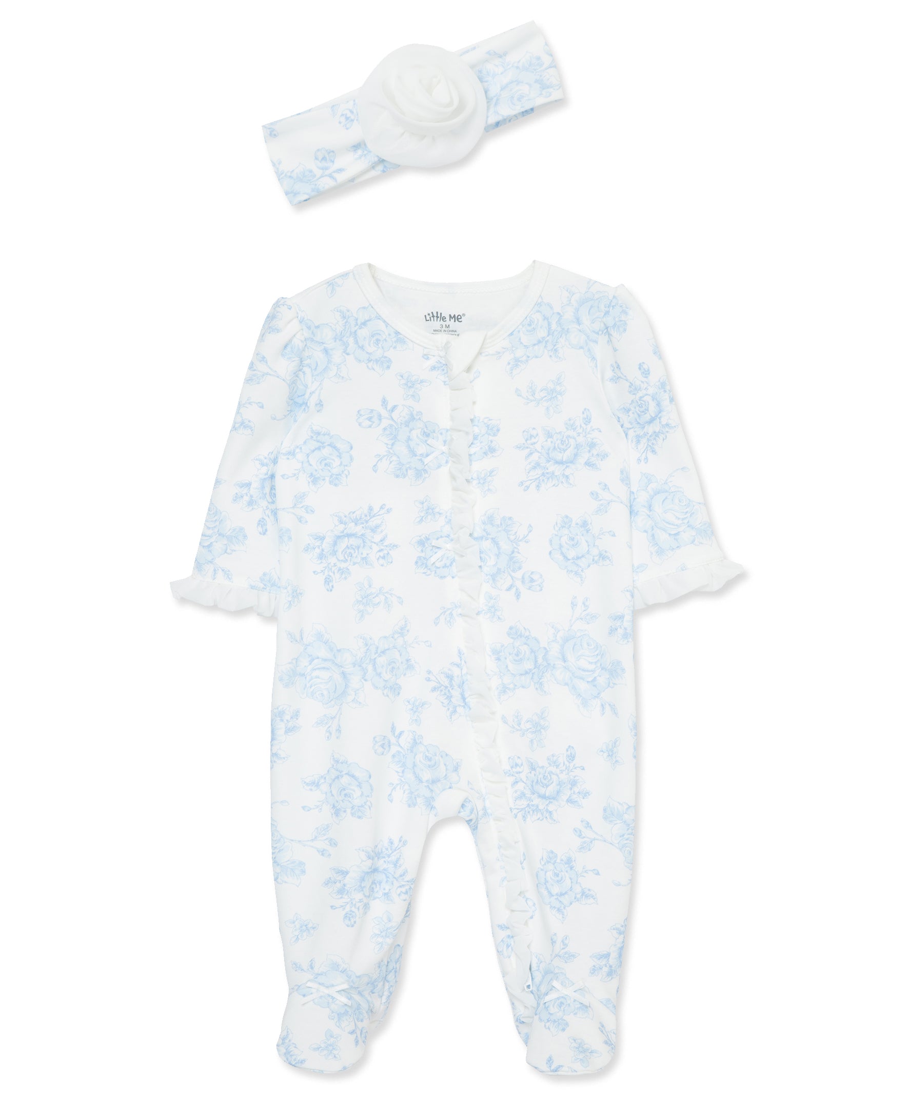 Blue Roses 2-Way-Zip Footed One-Piece And Headband - Little Me