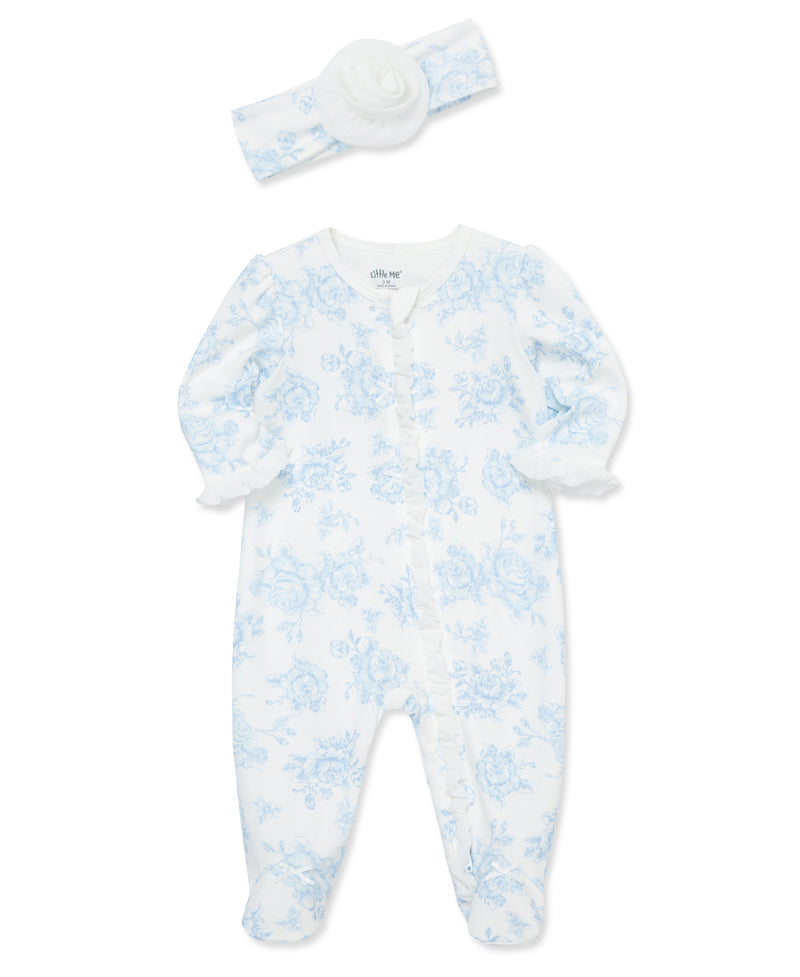 Blue Roses 2-Way-Zip Footed One-Piece And Hat - Little Me