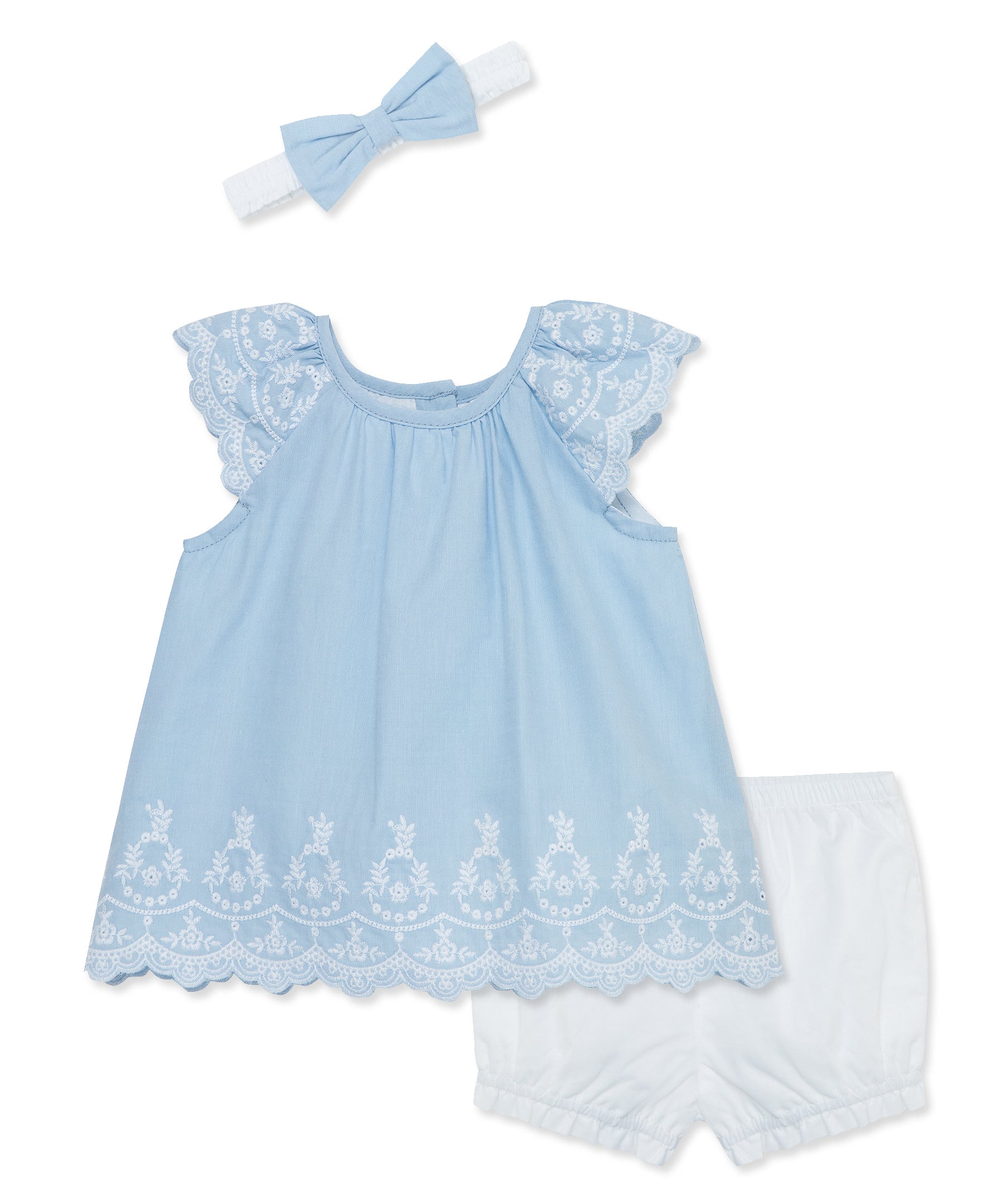 Blue Eyelet Woven Short Set & Headband - Little Me