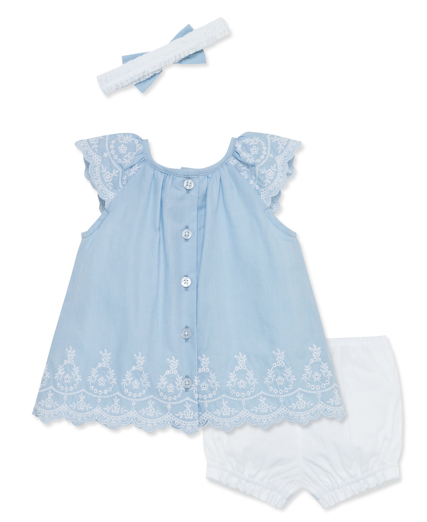 Blue Eyelet Woven Short Set & Headband - Little Me