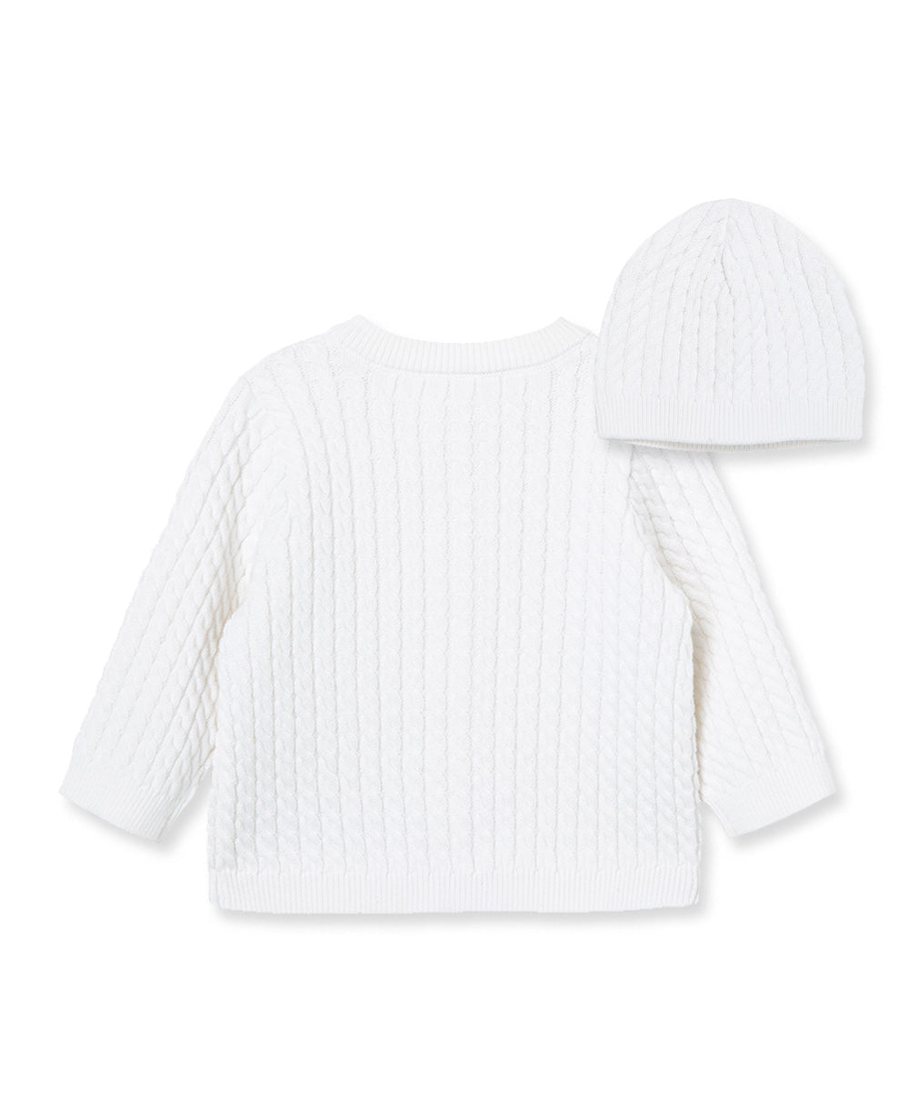 White Cable Sweater and Hat - Little Me