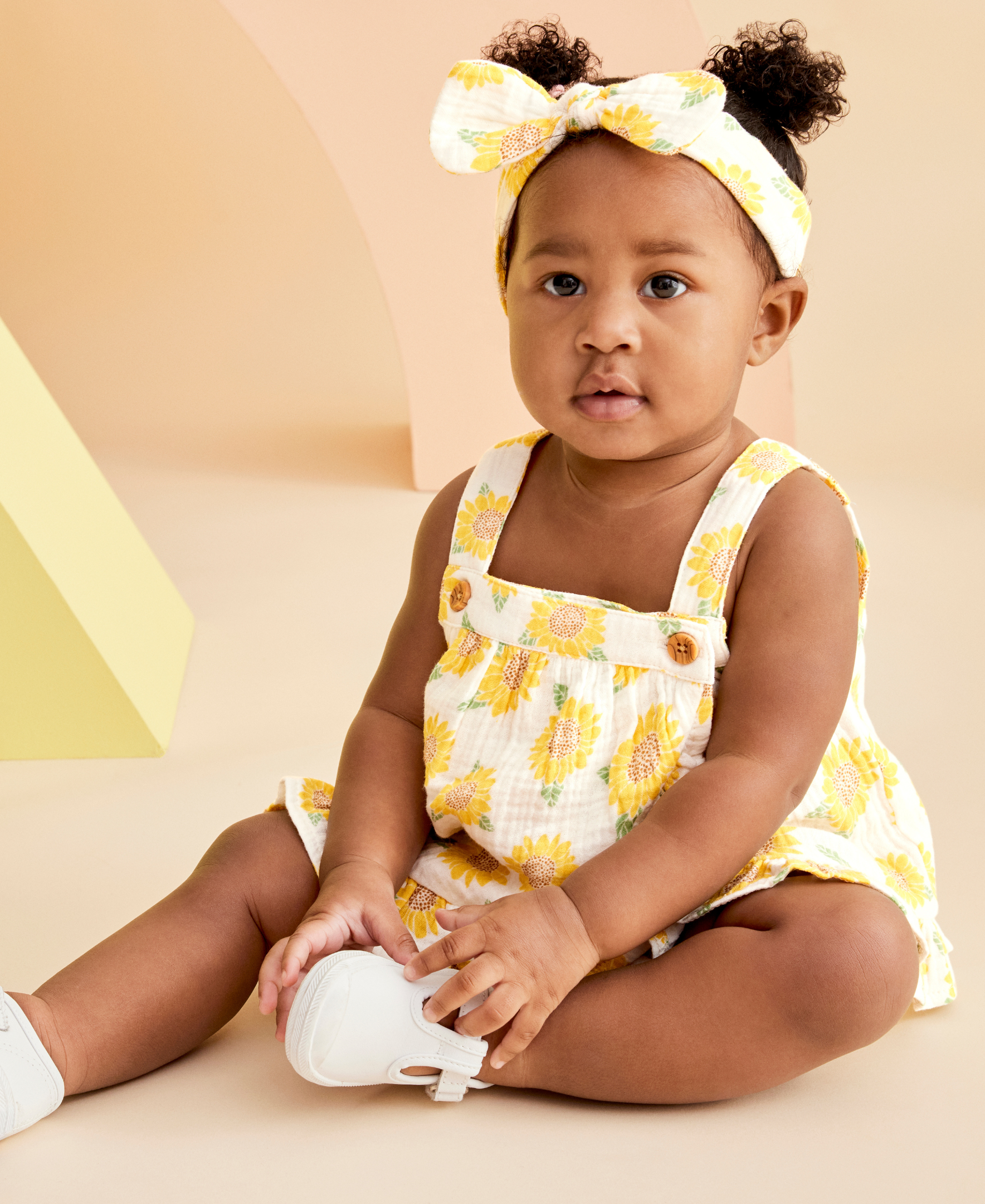 Sunflower Gauze Short Set & Headband - Little Me