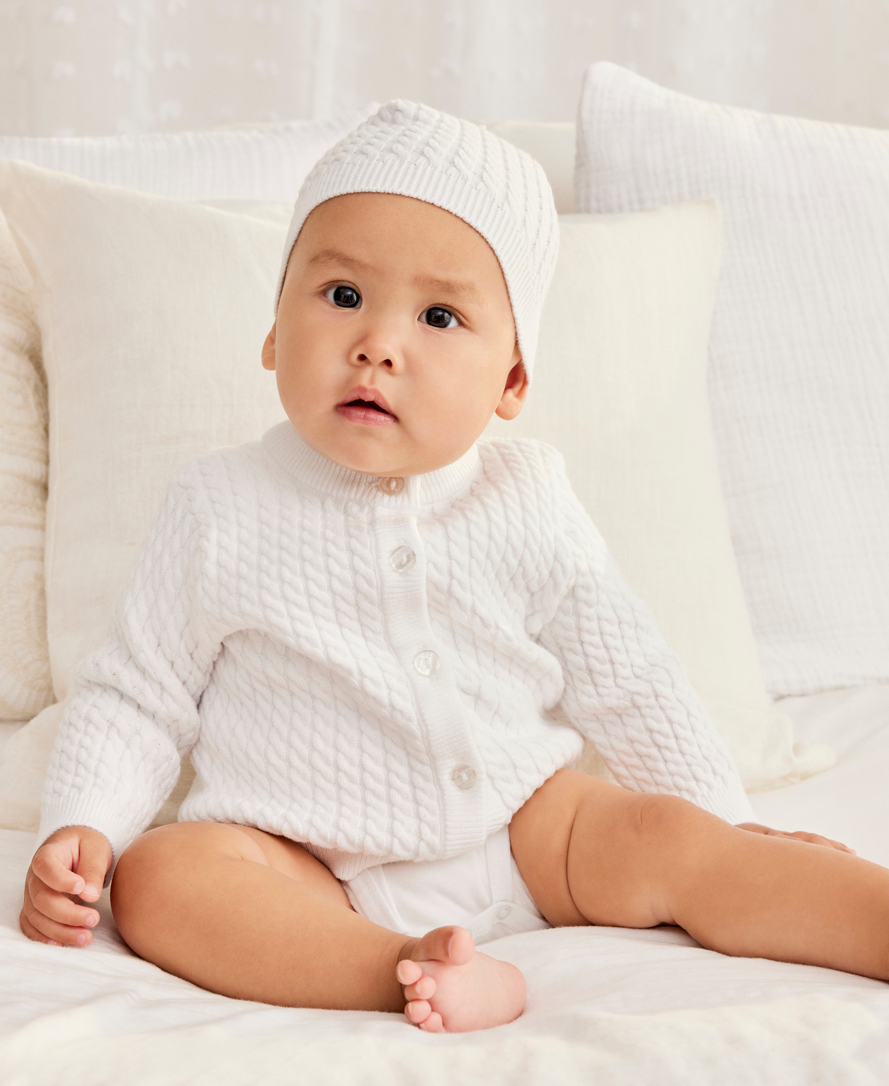 White Cable Sweater and Hat - Little Me