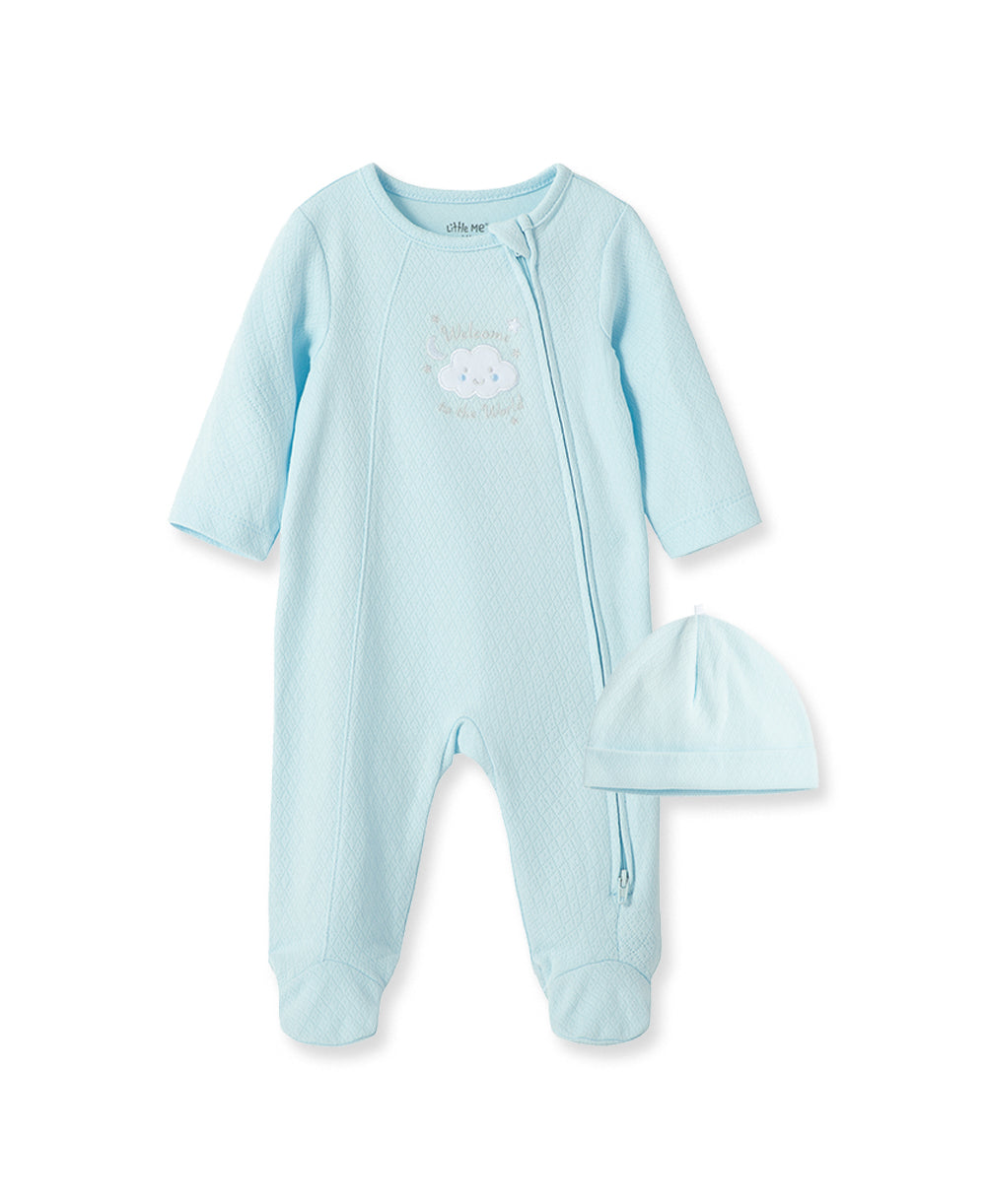 New Blue Welcome to the World Zip Front Footed One-Piece & Hat - Little Me