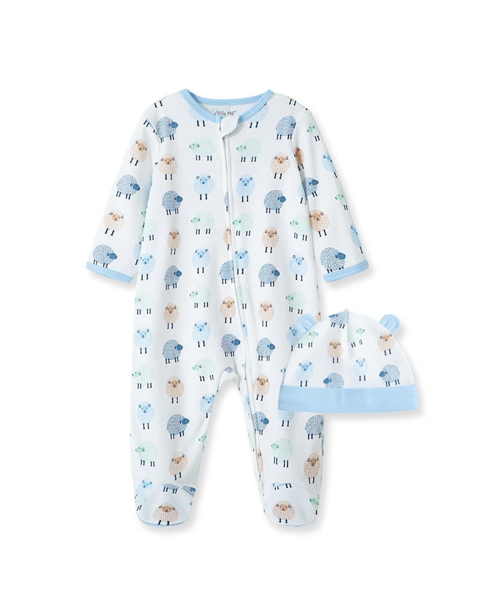 Little Lambs 2-Way-Zip Footed One-Piece and Hat - Little Me