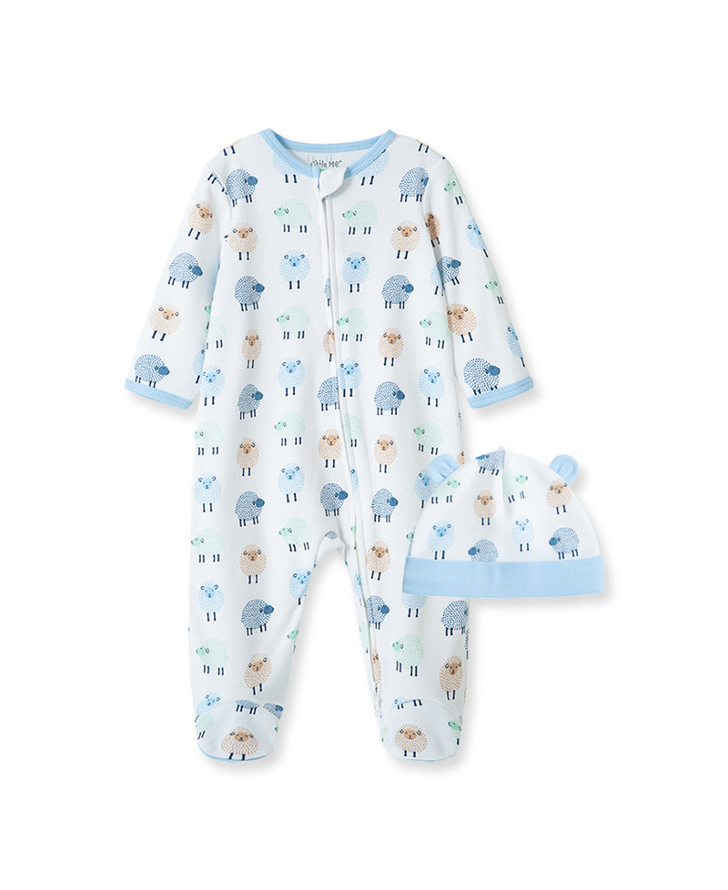 Little Lambs Zip Footed One-Piece and Hat - Little Me