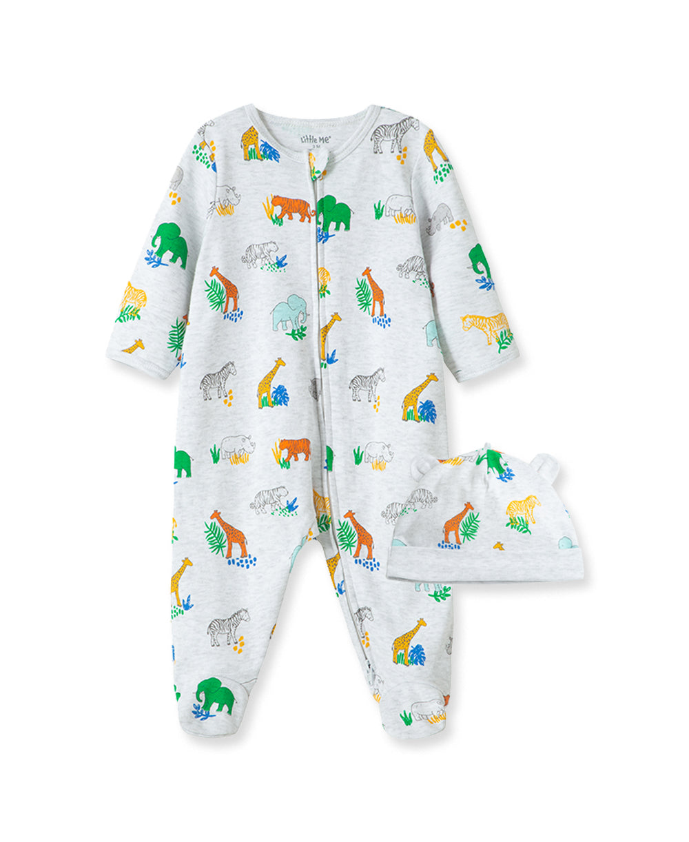 Bright Safari 2-Way-Zip Footed One-Piece and Hat - Little Me