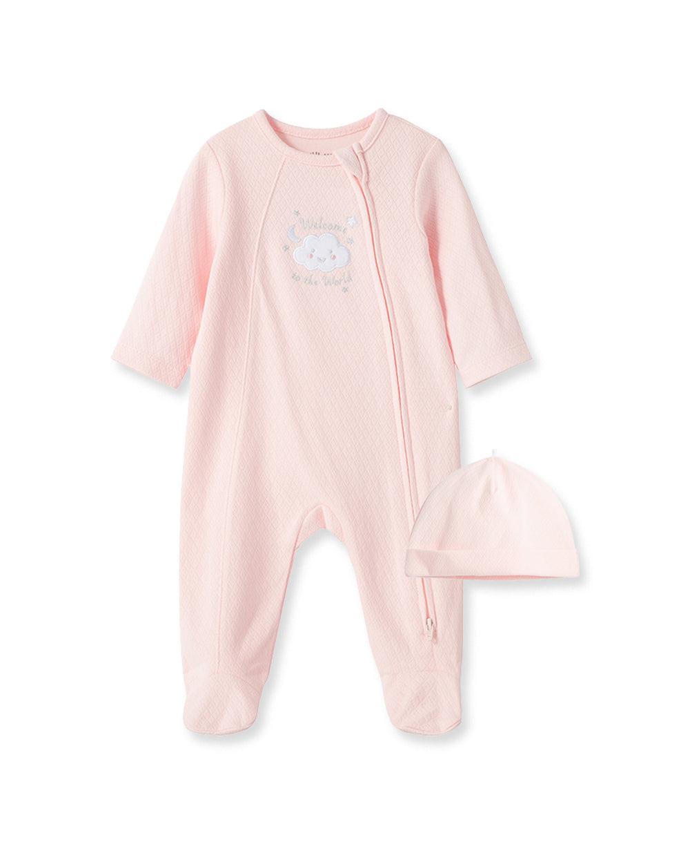 New Pink Welcome To The World Zip Front Footed One-Piece And Hat - Little Me