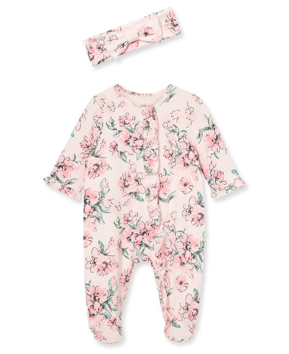 Dream Floral 2-Way-Zip Footed One-Piece and Headband - Little Me