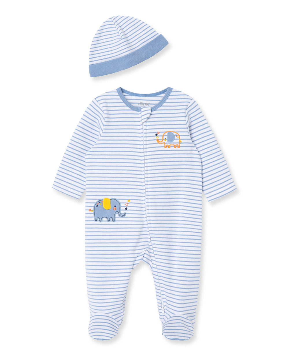 Elephant 2-Way-Zip Footed One-Piece And Hat - Little Me