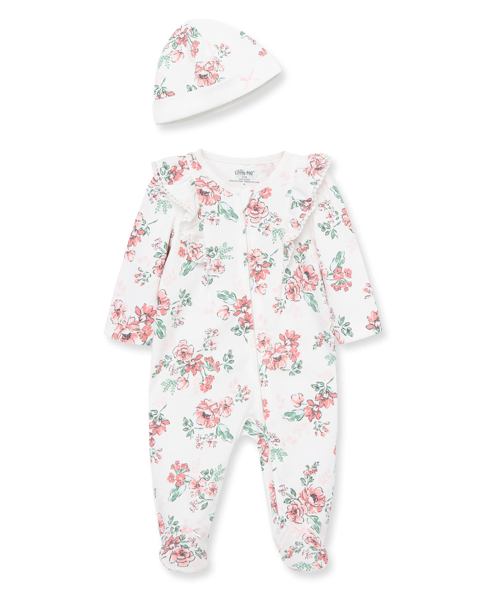 Whimsical Floral 2-Way-Zip Footed One-Piece And Hat - Little Me