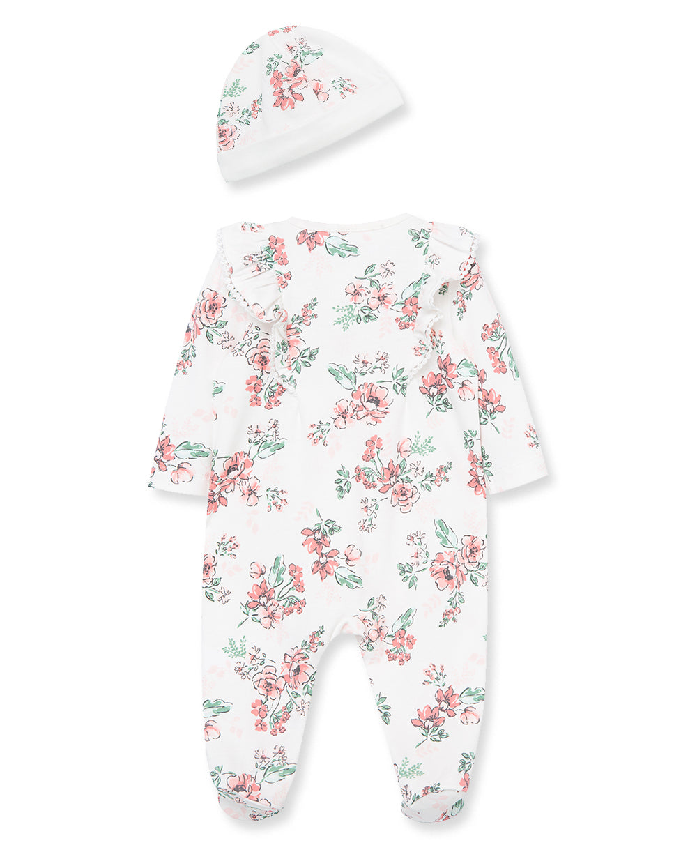 Whimsical Floral 2-Way-Zip Footed One-Piece And Hat - Little Me