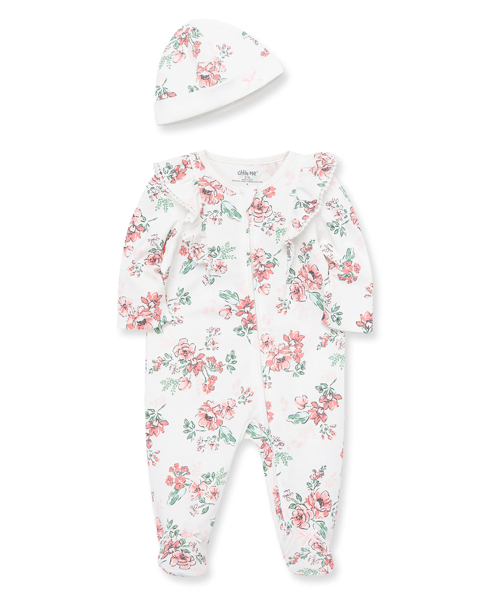 Whimsical Floral 2-Way-Zip Footed One-Piece And Hat - Little Me