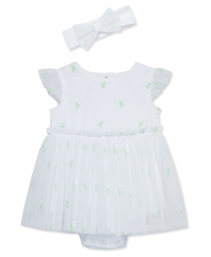 White Flowers Popover with Headband Set - Little Me