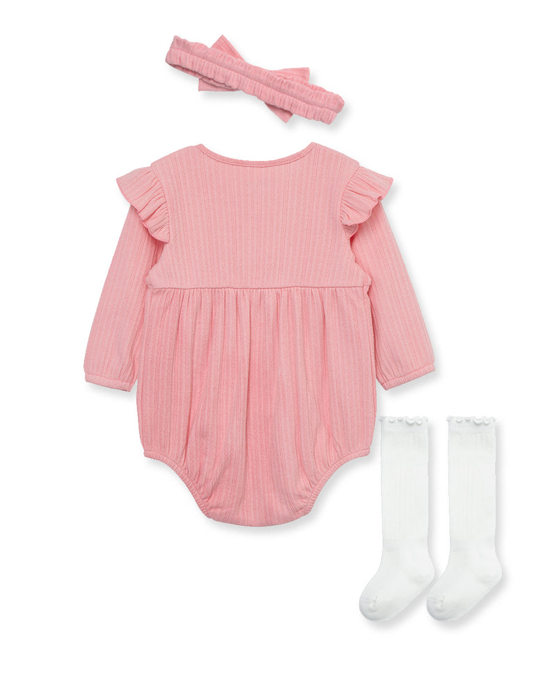 Peony Pointelle Knit Headband & Sock Bubble Romper Set - Little Me