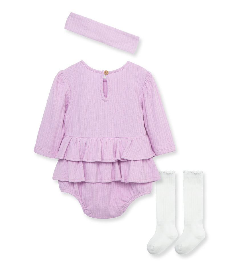 Orchid Pointelle Knit Headband & Sock Bubble Romper Set - Little Me