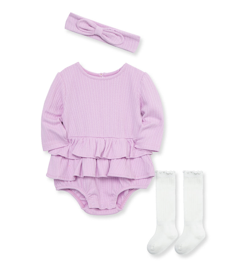 Orchid Pointelle Knit Headband & Sock Bubble Romper Set - Little Me