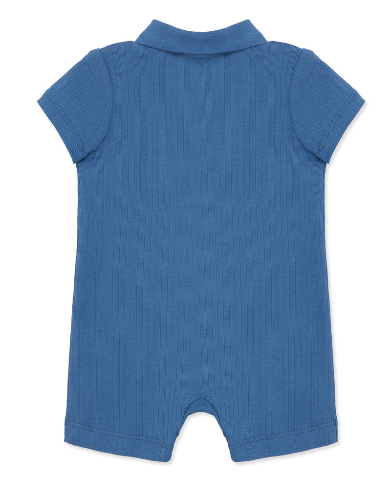 Blue Ribbed Knit Polo Romper - Little Me