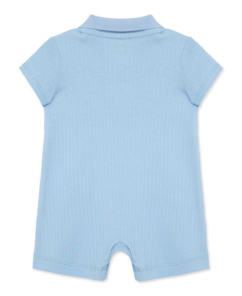 Chambray Blue Ribbed Knit Polo Romper - Little Me